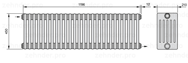 Схема (чертеж) Радиатор Zehnder Charleston 6045/26 №1670 Белый глянцевый RAL 9016